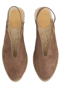 Brown suede espadrille sandals with woven jute sole and ankle strap from castañer women’s espadrilla rania brown