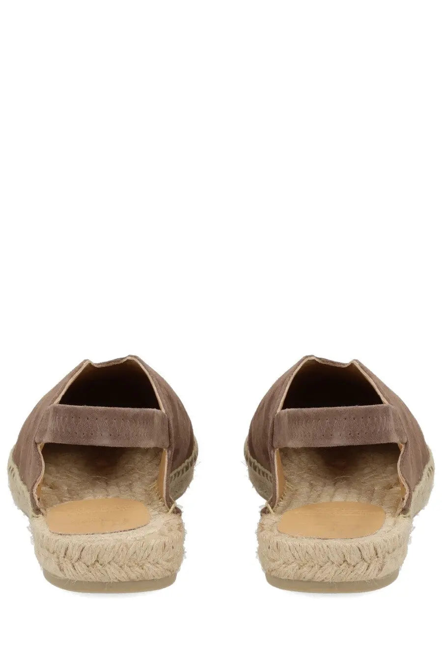 Tan suede espadrille sandals with braided jute sole and adjustable strap from Castañer women’s espadrilla rania brown