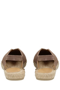 Tan suede espadrille sandals with braided jute sole and adjustable strap from Castañer women’s espadrilla rania brown