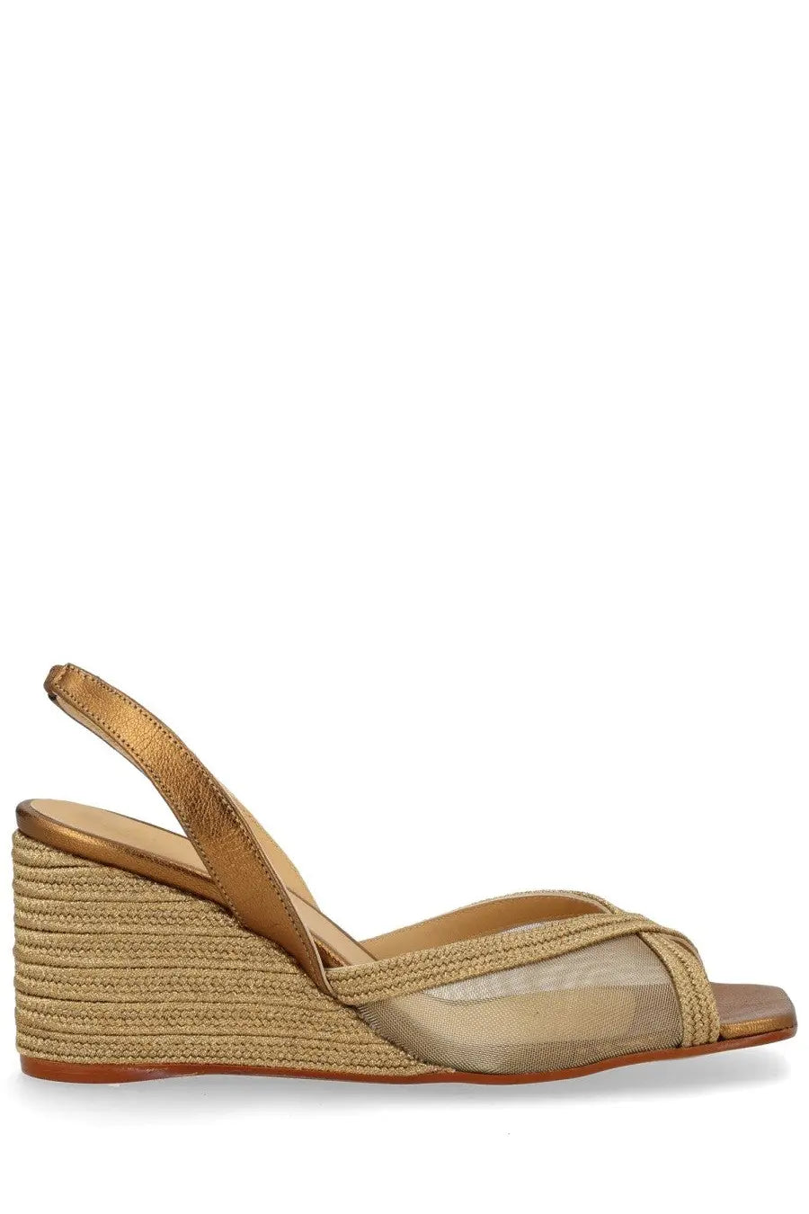 Castañer women’s espadrille Betty gold sandal with gold-toned woven rope wedge heel and sheer mesh straps