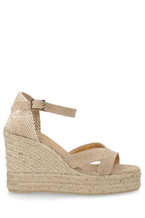 Castañer women’s beige espadrille wedge sandal with woven jute sole and fabric straps