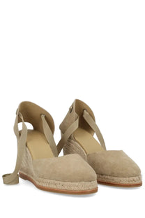 Castañer women’s espadrille Camila beige suede wedge sandals with woven jute soles and adjustable ankle straps