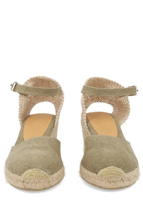 Beige Castañer women’s espadrille Carol green wedge sandals with woven jute sole and canvas upper