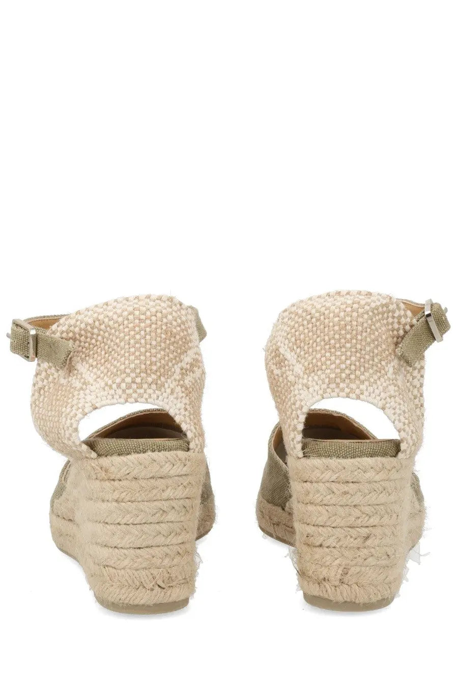 Beige woven espadrille wedge sandals with braided rope heel and adjustable ankle strap by castañer women