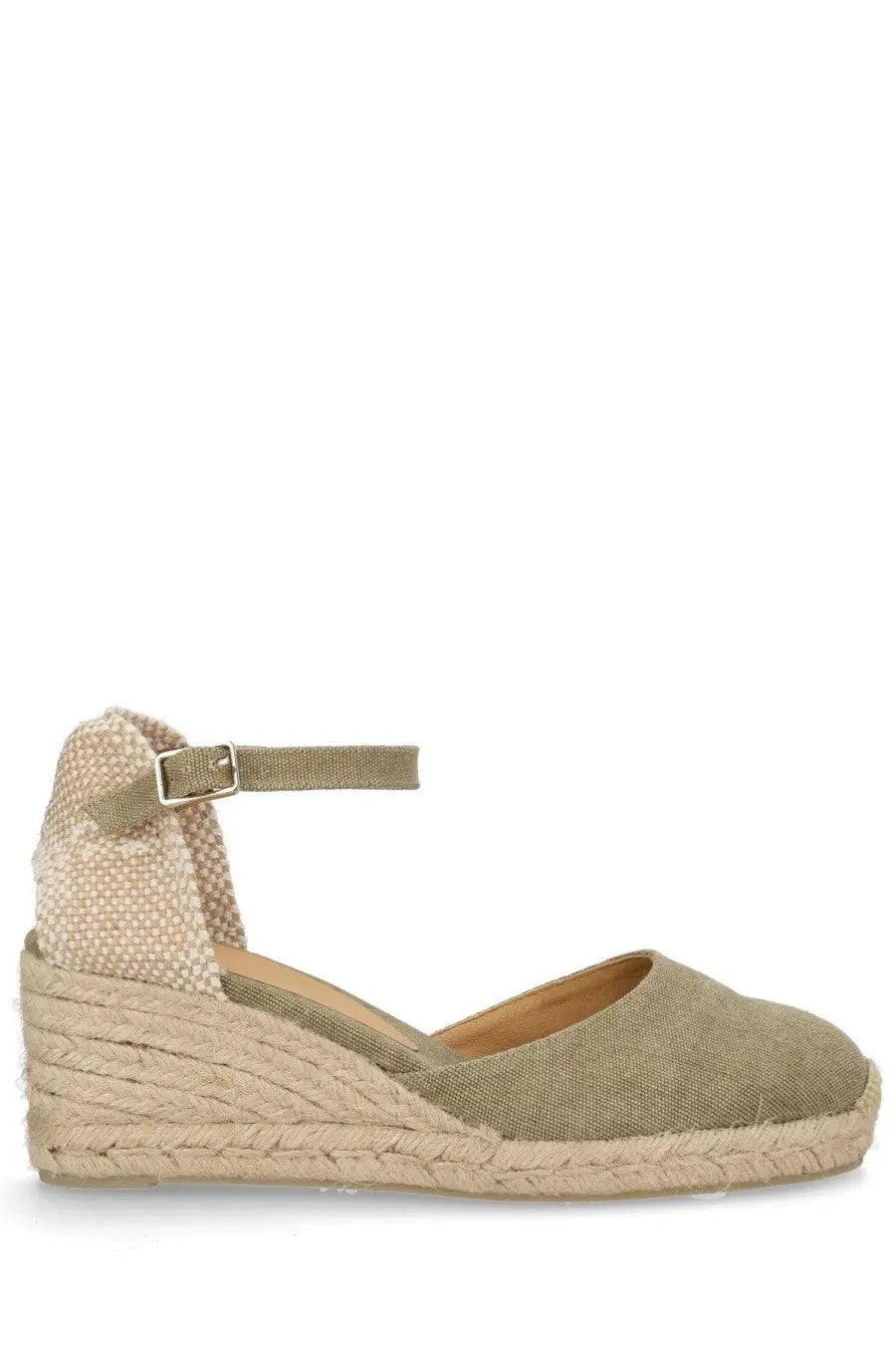 Castañer women’s espadrille Carol green olive green canvas wedge sandal with woven jute sole and ankle strap