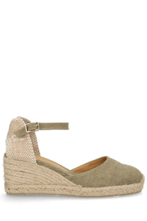 Castañer women’s espadrille Carol green olive green canvas wedge sandal with woven jute sole and ankle strap
