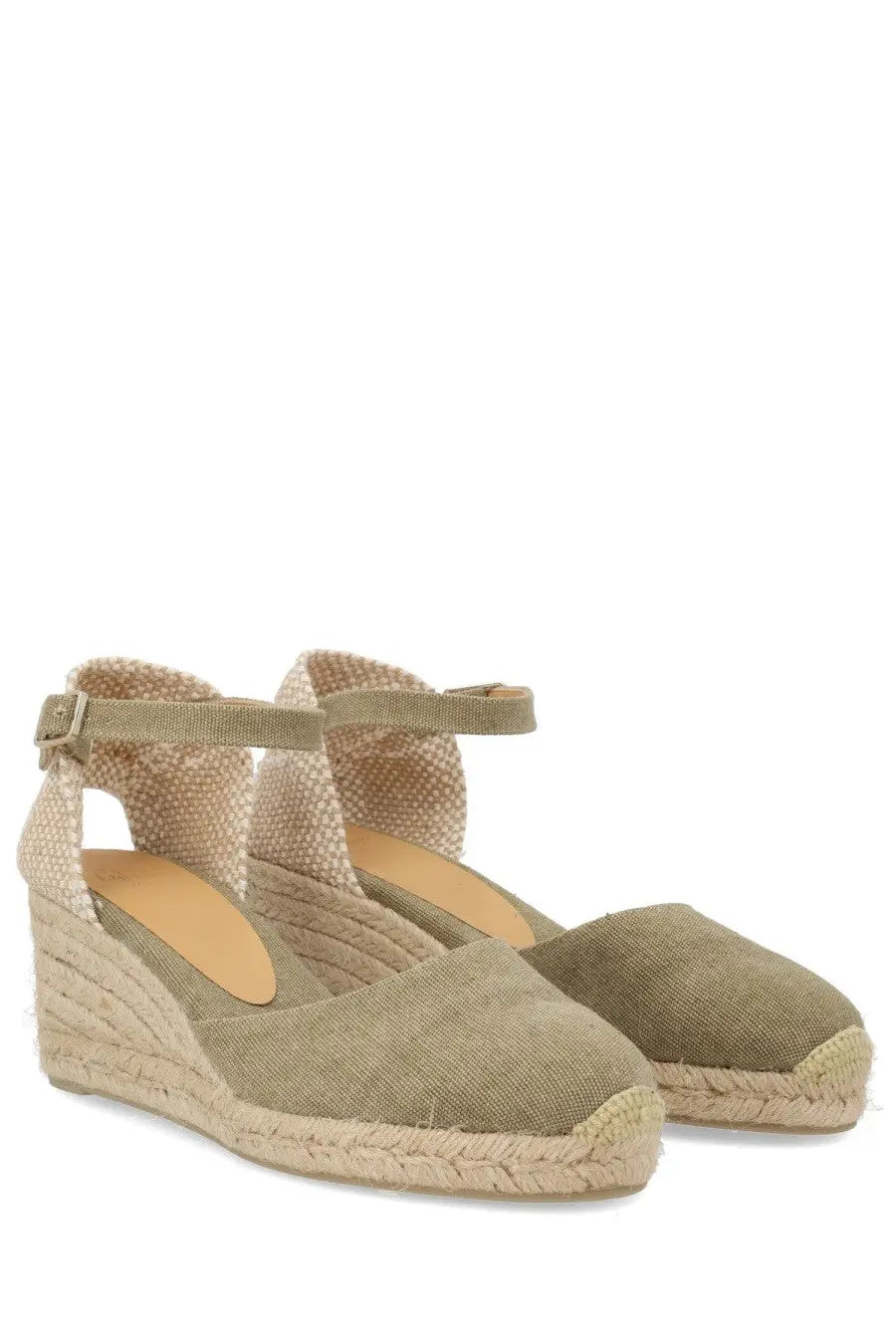 Castañer women’s espadrille Carol green olive canvas wedge sandals with woven jute sole and ankle strap