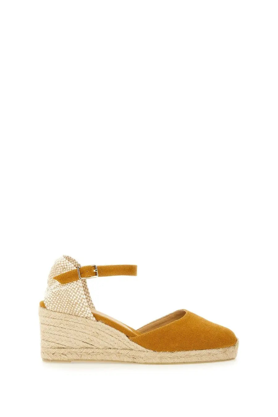 Castañer women’s espadrille Carol orange mustard suede wedge sandal with woven jute sole and ankle strap