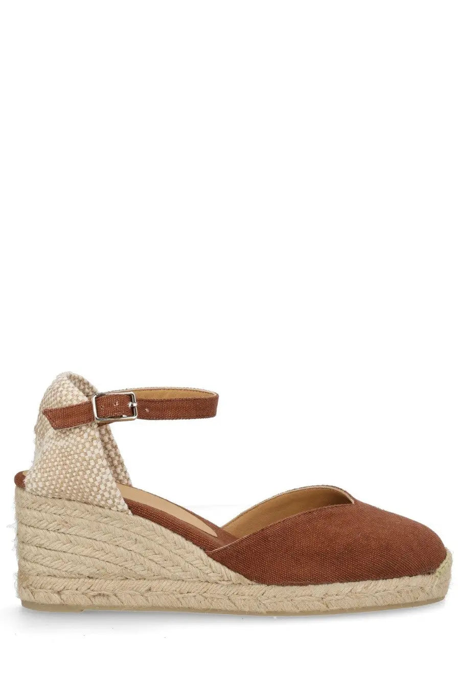 Brown suede espadrille wedge sandal in beige with woven jute heel and ankle strap from castañer women’s chiarita