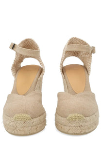 Beige castrañer women’s espadrille chiarita wedge sandals with woven jute soles and fabric straps
