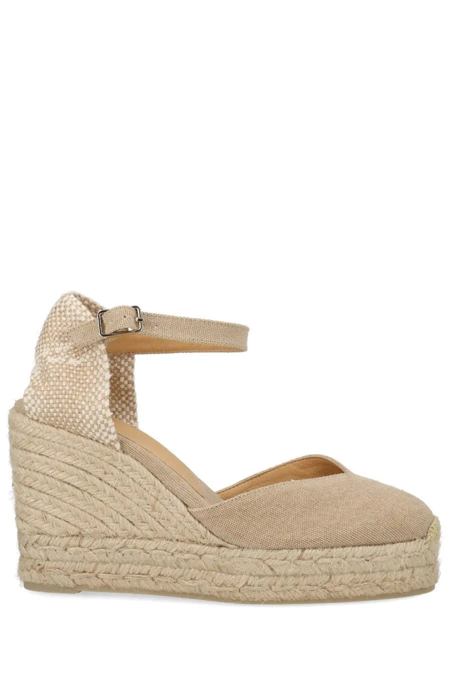 Castañer women’s beige woven espadrille wedge sandal with braided jute sole and ankle strap