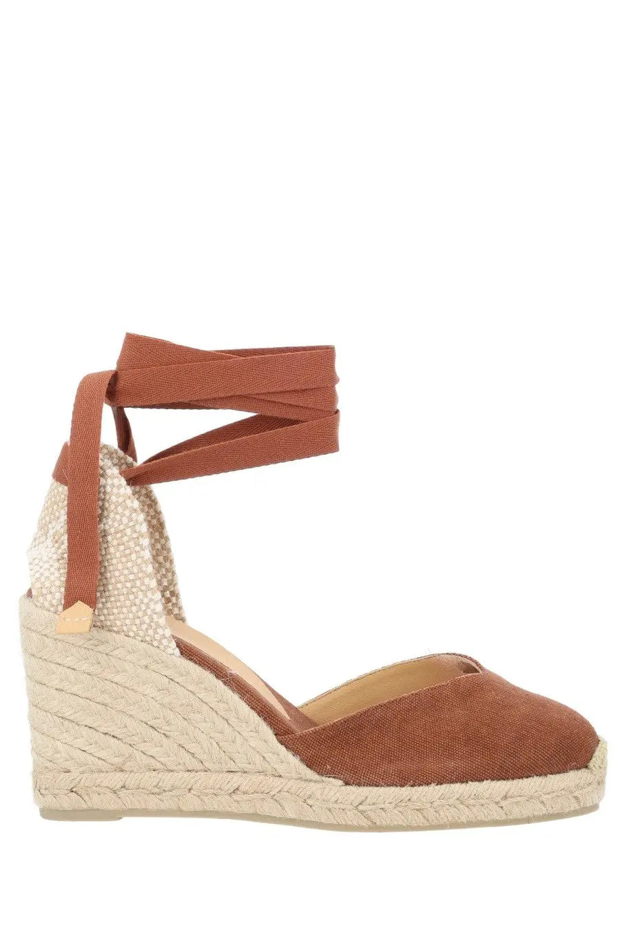 Brown suede espadrille wedge sandal with woven jute sole and ankle strap from castañer women’s clear beige line