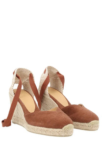Brown suede espadrille wedge sandals with woven jute straps and braided rope heel by castañer women in clear beige