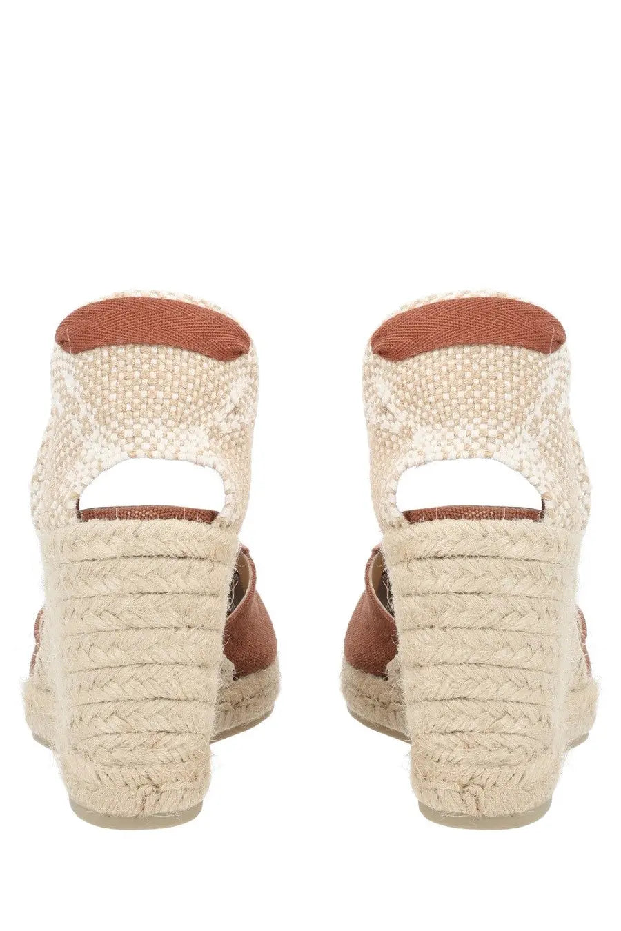 Castañer women’s espadrille clear beige wedge sandals with beige and brown woven upper and braided rope heel
