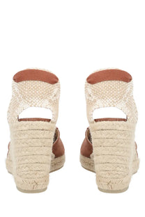 Castañer women’s espadrille clear beige wedge sandals with beige and brown woven upper and braided rope heel