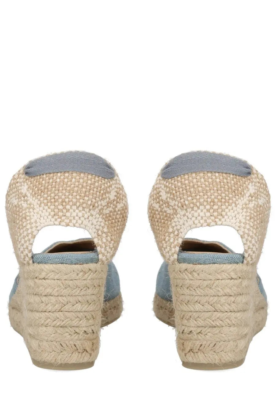 Castañer women’s espadrille clear blue beige and light blue woven wedge sandals with braided jute heel