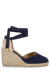 Navy blue Castañer women’s espadrille wedge sandal with woven jute sole and ankle strap