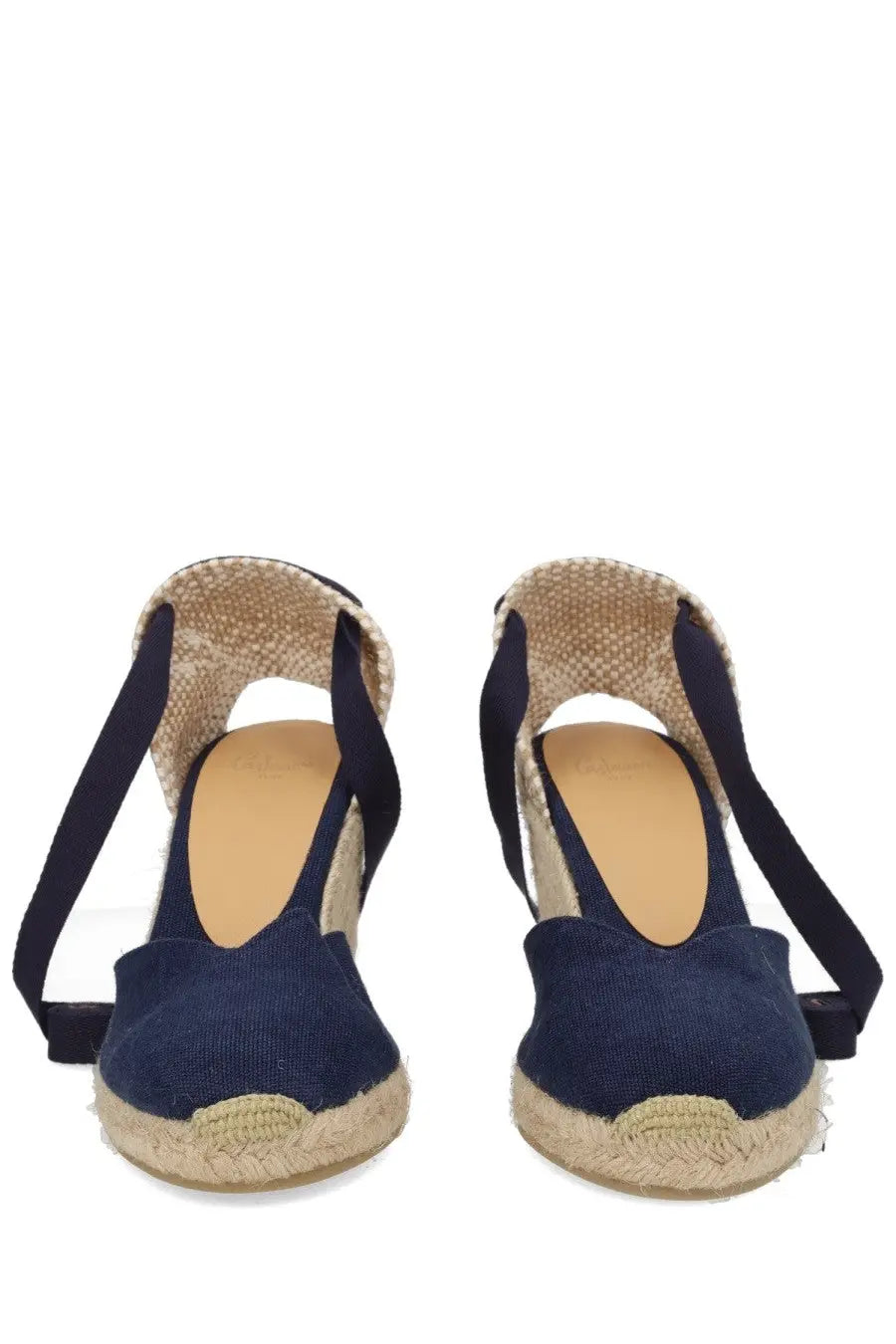 Castañer women’s espadrille clear blue navy blue wedge sandals with woven jute soles and fabric straps