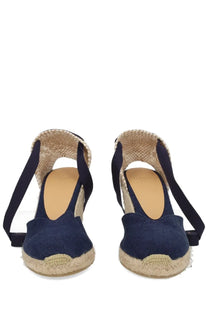 Castañer women’s espadrille clear blue navy blue wedge sandals with woven jute soles and fabric straps