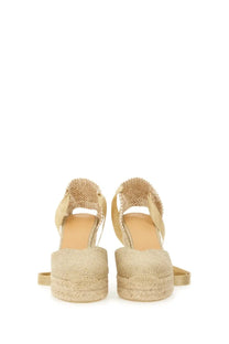 Castañer women’s espadrille clear gold beige wedge sandals with woven rope soles and decorative beaded straps