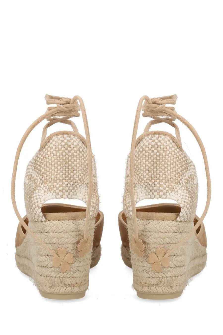 Castañer women’s beige woven espadrille wedge sandals with lace-up straps and embroidered flower details