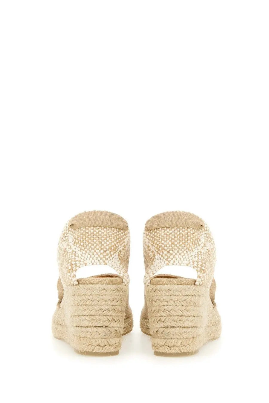 Castañer women’s espadrille wedge sandals in beige with woven fabric straps and braided rope heel