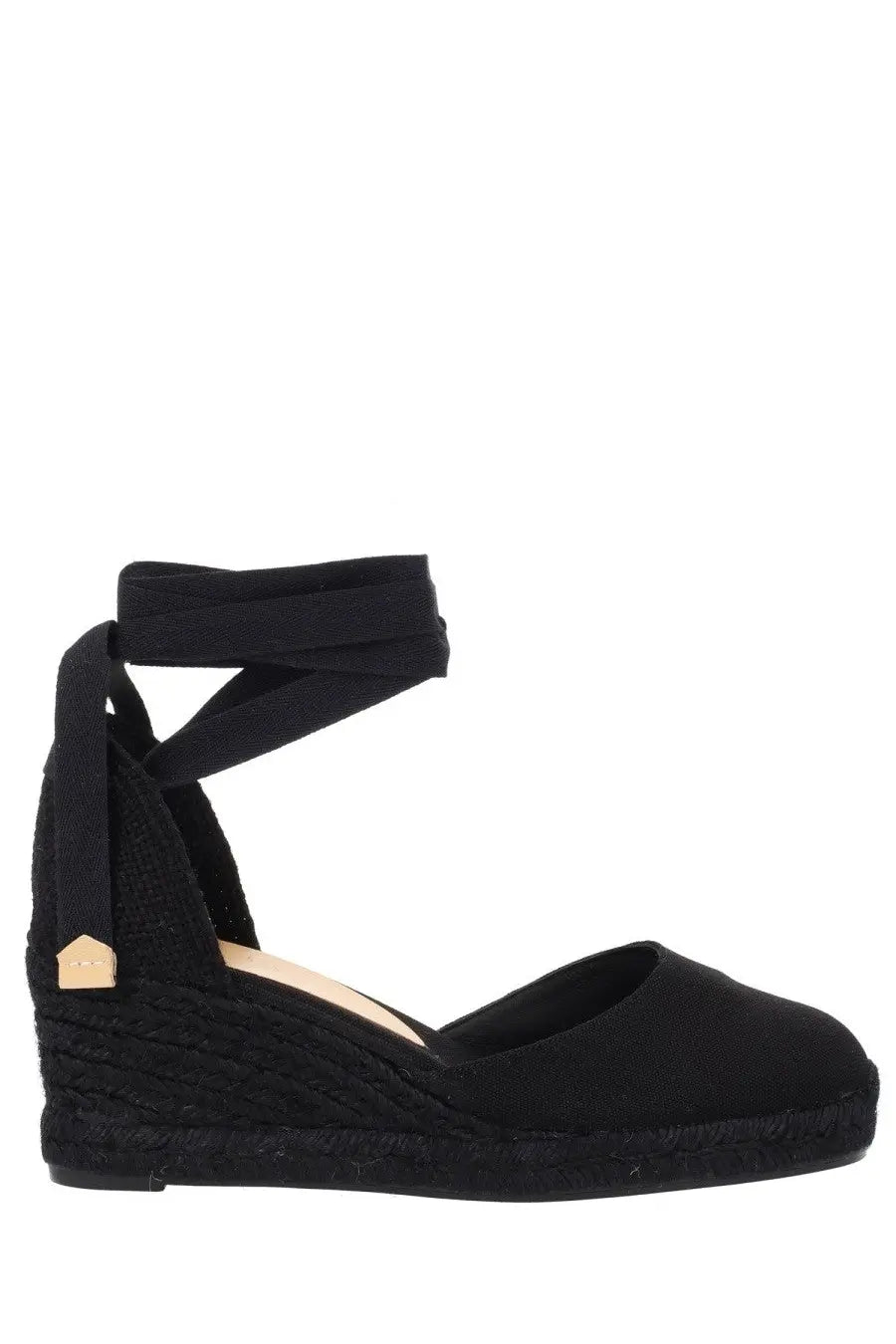 Black espadrille wedge sandal by castañer with woven rope sole and adjustable ankle strap for women