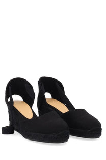 Castañer women’s espadrille cute black wedge sandals with woven jute sole and soft fabric upper