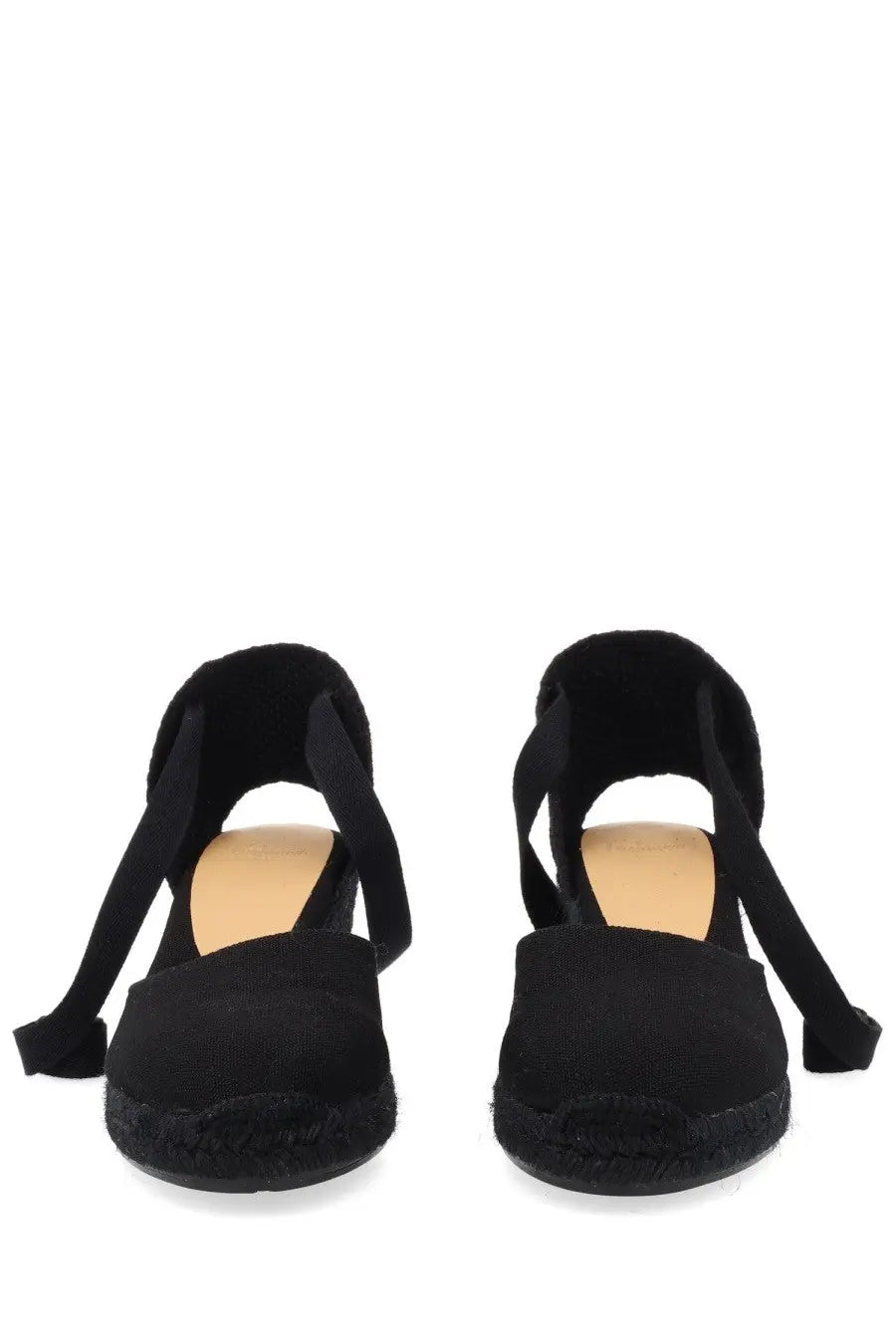Castañer women’s espadrille cute black wedge sandals with woven jute sole and soft fabric upper visible from front