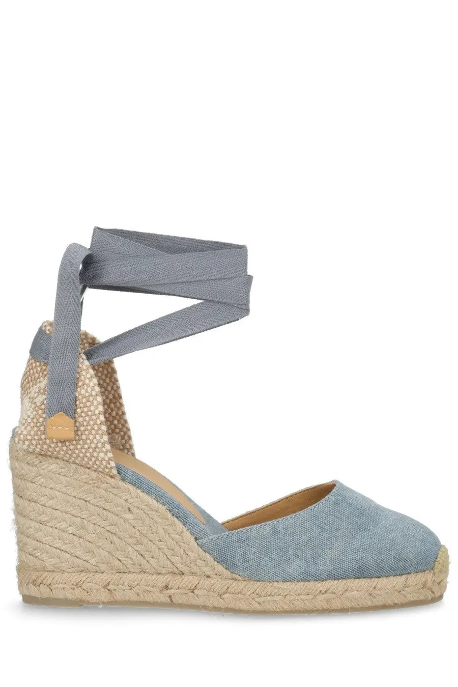 Castañer women’s espadrille cute blue light blue denim wedge sandal with gray fabric ankle straps and jute sole