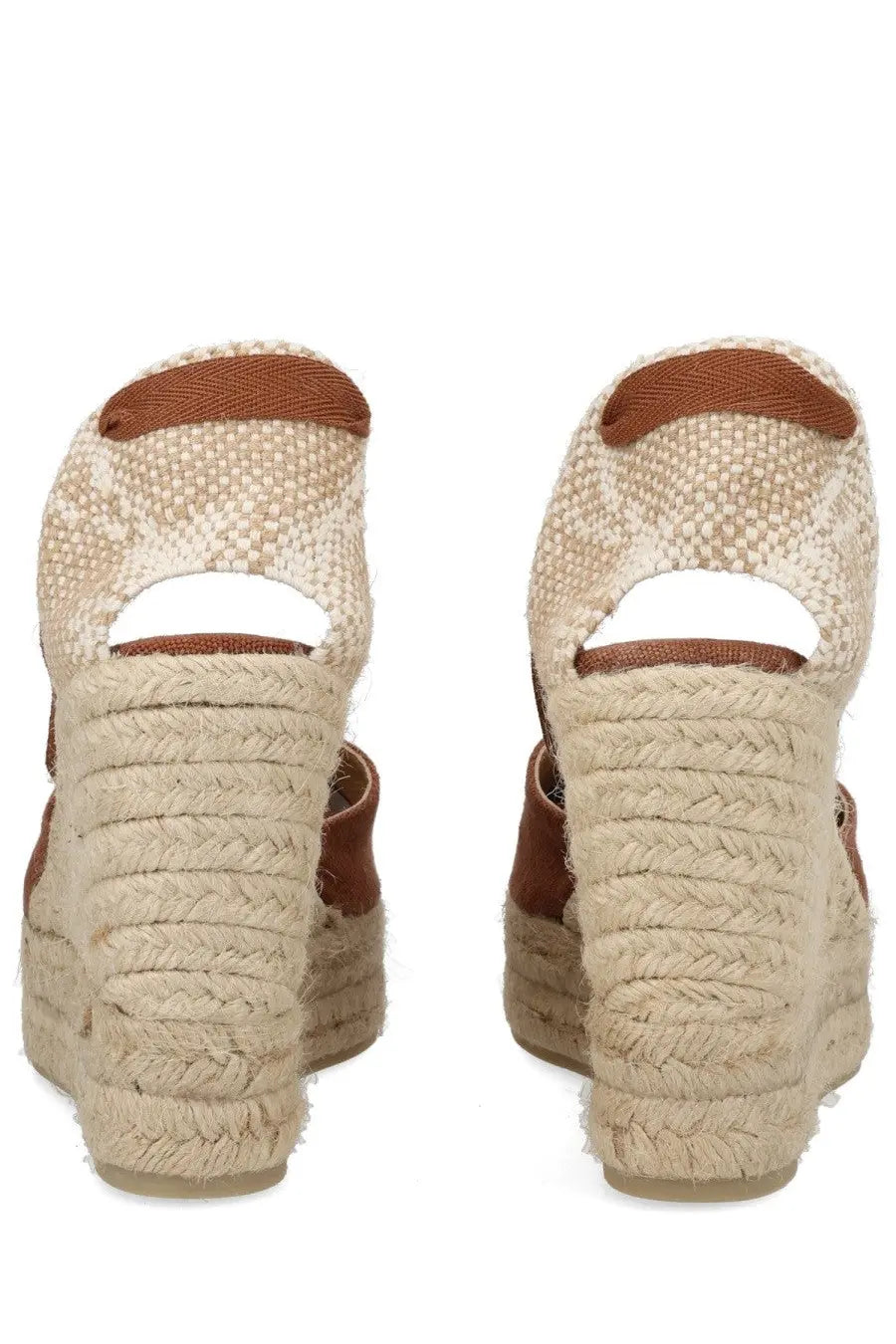 Beige woven espadrille wedge sandals with brown leather accents and braided rope heel from Castañer women’s espadrille cute brown