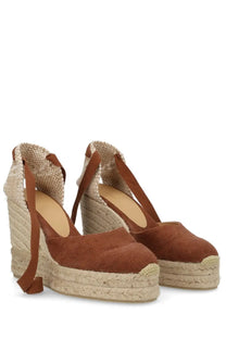 Brown canvas espadrille wedge sandals with braided jute soles and ankle straps by castañer women’s espadrille cute brown
