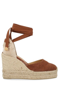 Castañer women’s espadrille wedge sandal in brown suede with woven jute heel and ankle strap