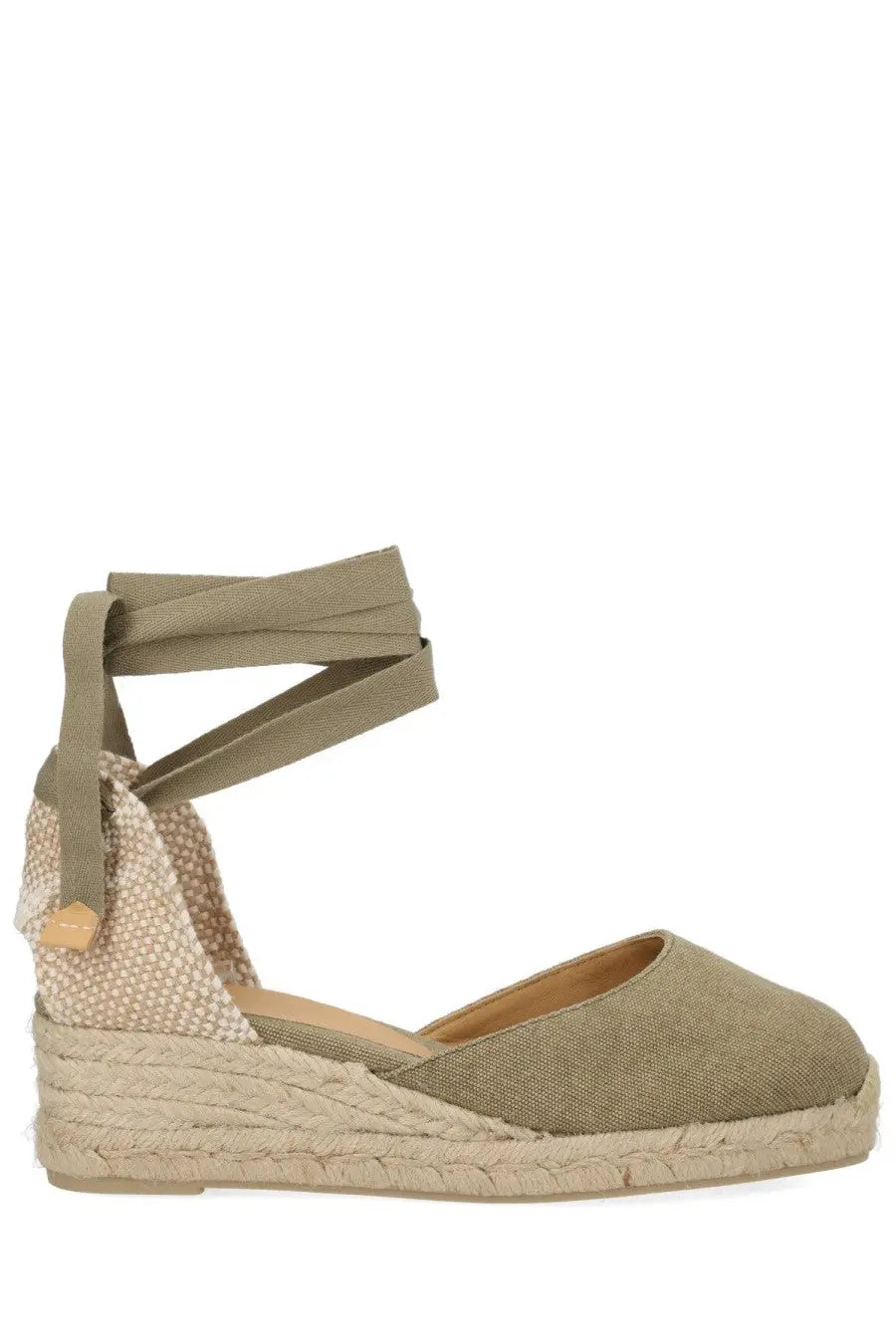 Castañer women’s olive green espadrille wedge sandal with woven jute sole and fabric ankle strap
