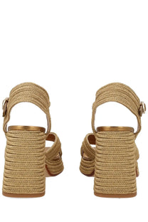 Beige woven straw espadrille sandals with gold-tone metal accents and chunky block heel by castañer women