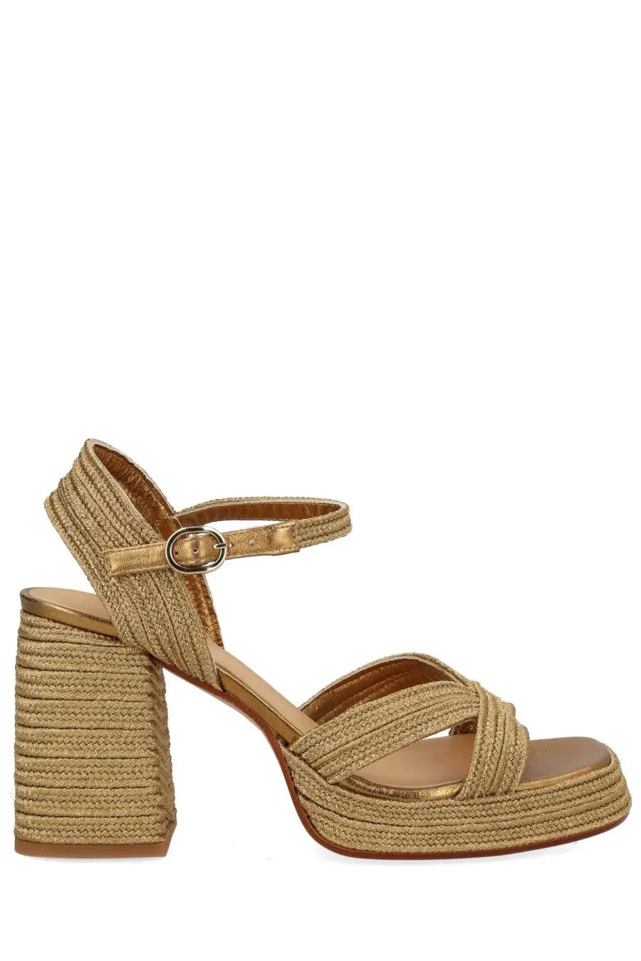 Castañer women’s espadrille valley gold gold-toned woven sandal with chunky block heel and ankle strap