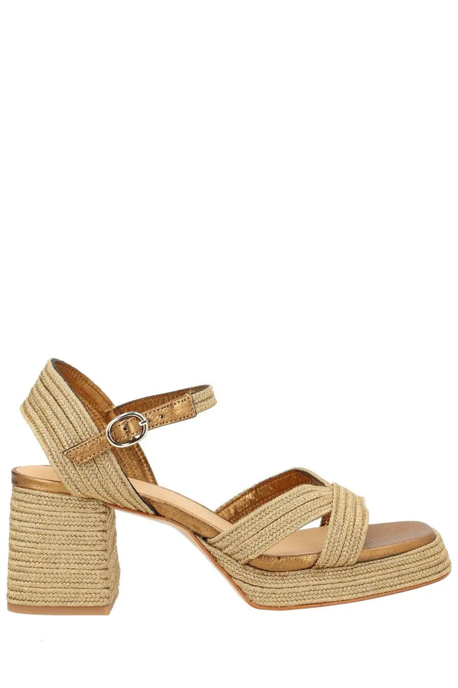 Beige woven espadrille sandal with chunky block heel and adjustable ankle strap by Castañer women’s Vallita gold