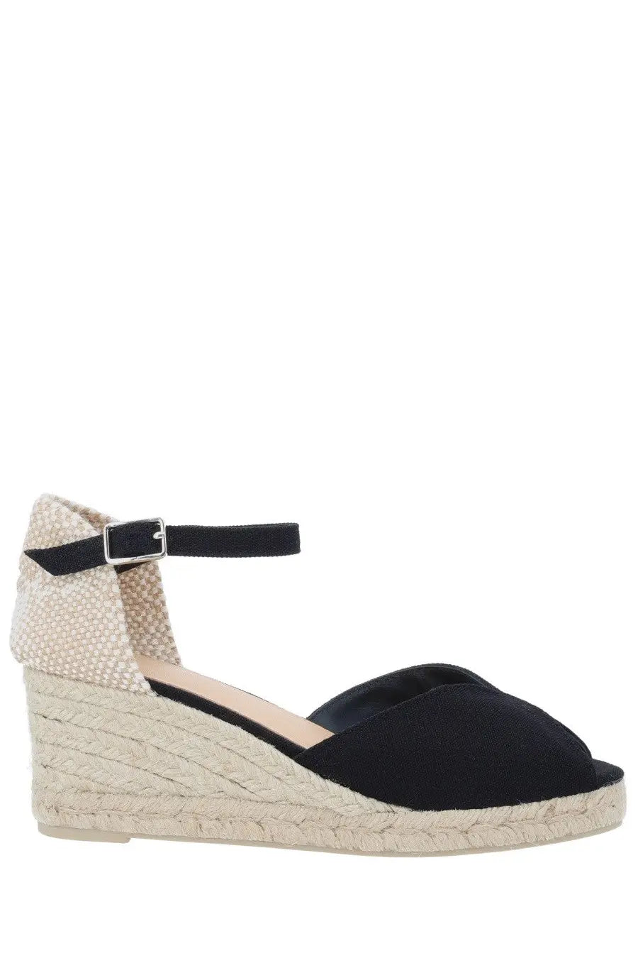 Black suede espadrille wedge sandal with woven jute sole and ankle strap from castañer women’s espadrille black white collection