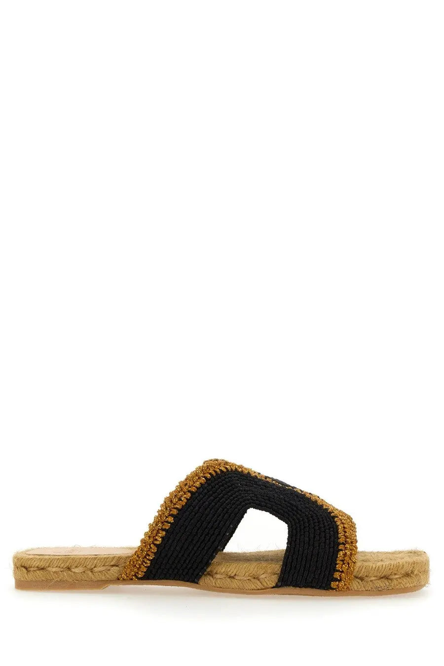 Castañer women’s rayon black espadrille slide sandal with woven gold trim and braided jute sole