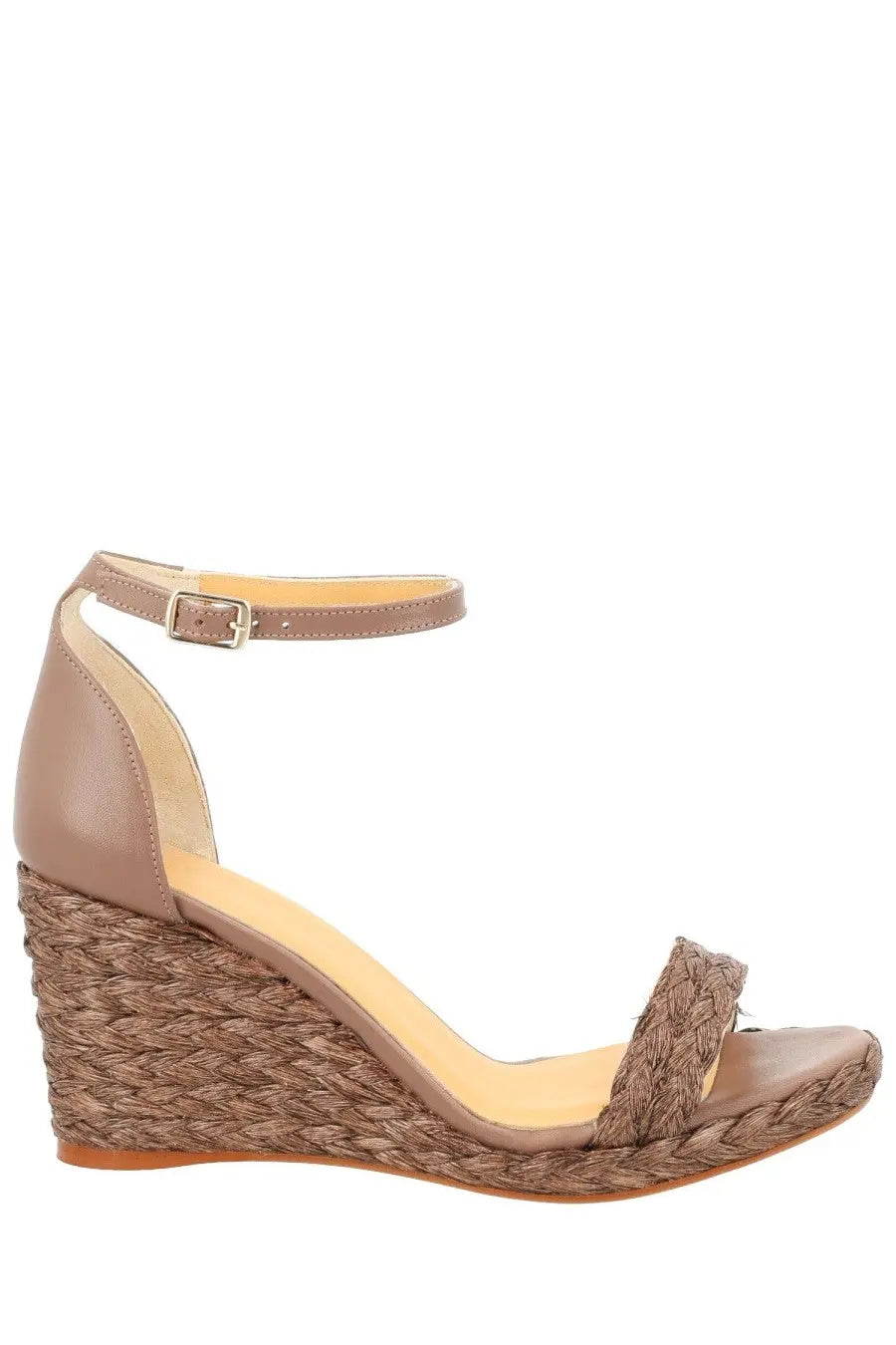 Castañer women’s beige leather wedge sandal with braided rope heel and ankle strap berna brown