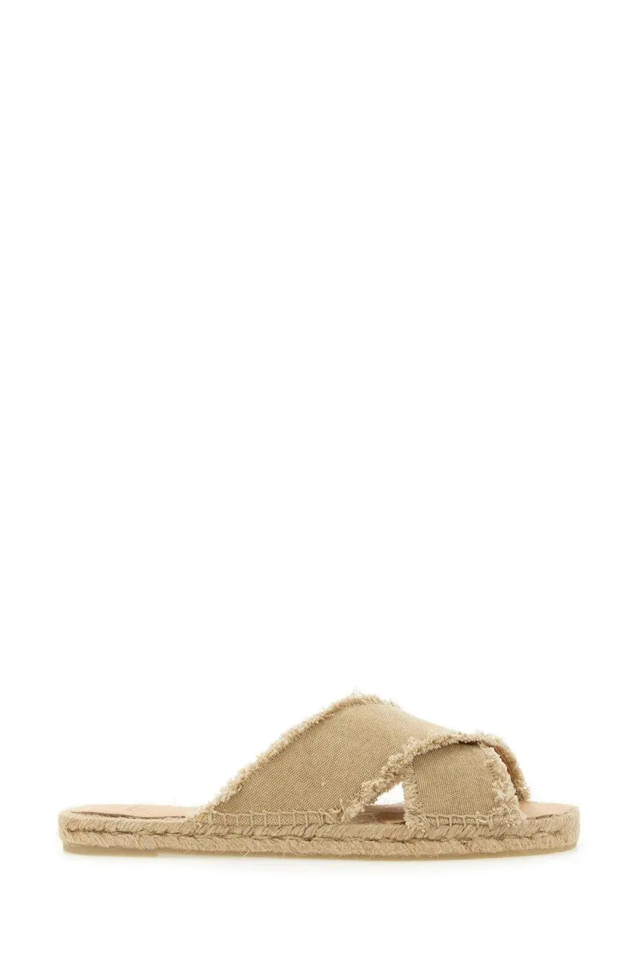 Castañer women’s beige canvas slide sandal with frayed edge and espadrille-style sole