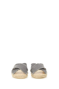 Castañer women’s sandal palmera grey gray canvas espadrille with frayed edge and woven jute sole