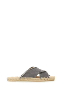 Castañer women’s gray canvas espadrille slide sandal with frayed edges and woven jute sole