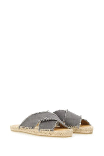 Castañer women’s sandal palmera grey gray denim espadrille with frayed edge and woven jute sole