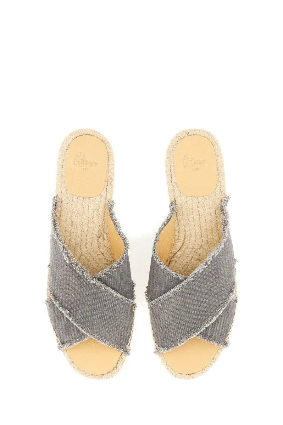 Castañer women’s gray denim espadrille wedge sandals with frayed edge and woven jute sole from the back side
