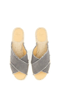 Castañer women’s gray denim espadrille wedge sandals with frayed edge and woven jute sole from the back side