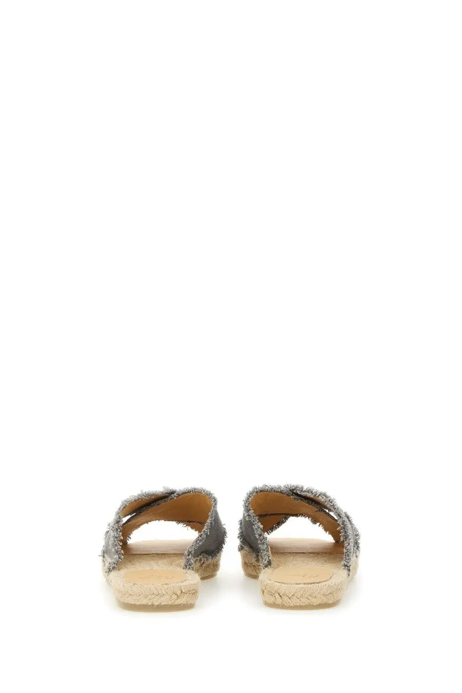 Castañer women’s gray distressed leather espadrille sandals with woven jute sole for casual summer wear