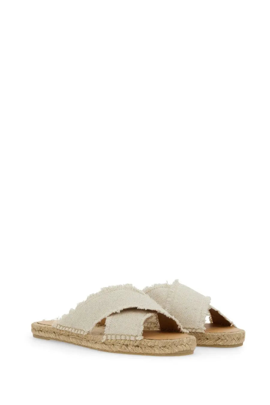 Castañer women’s sandal palmera white beige canvas espadrille with frayed cross over design and woven jute soles