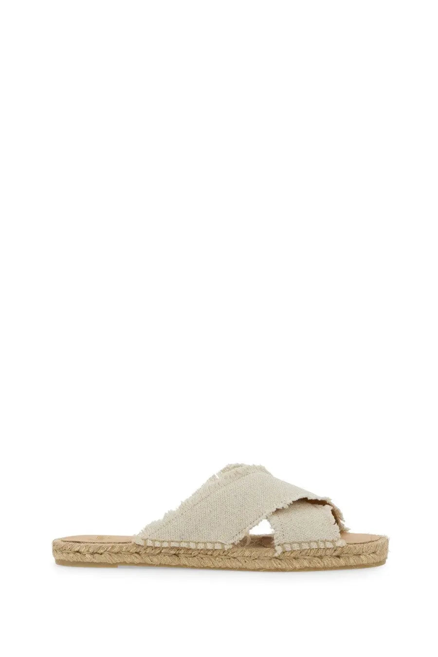 Beige canvas espadrille slide sandal with woven jute sole and frayed edges from Castañer Women’s Palmera White collection