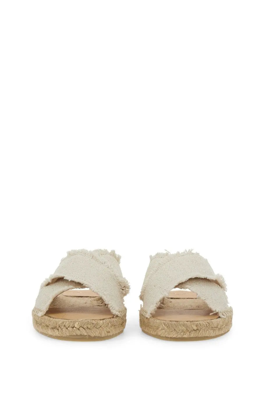 Castañer women’s beige frayed denim espadrille sandals with woven jute sole palmera white style